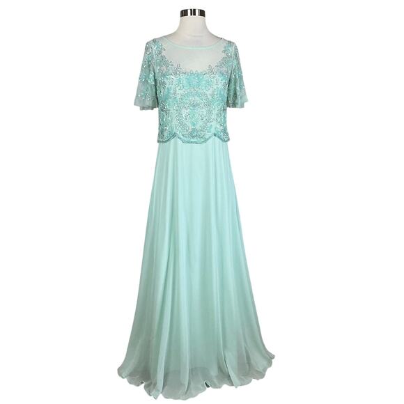 Adrianna Papell Beaded Chiffon Evening Gown Green Size 8 Short Sleeve A-Line - Picture 1 of 13